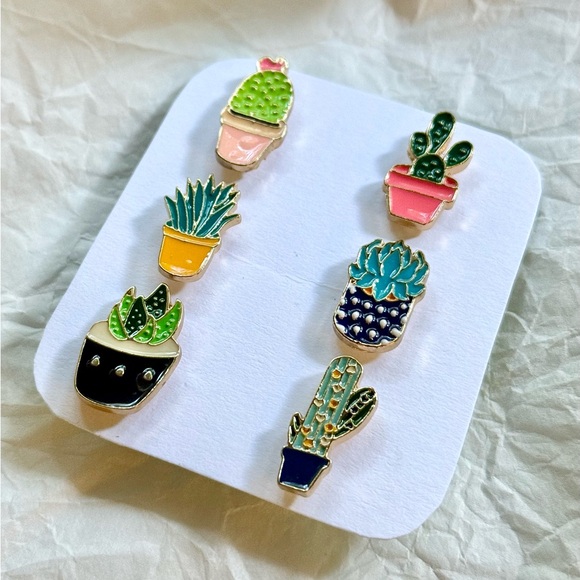 Set of 6 Enamel Cactus Houseplant Pins, Snake Plant, Prickly Pear, 90s, Lapel - Picture 2 of 3